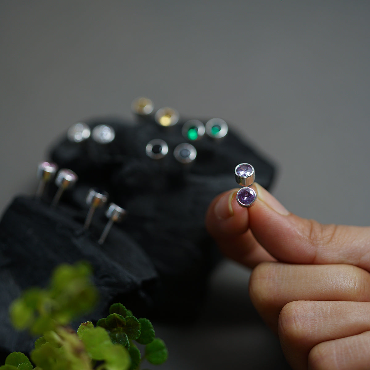Minimal silver stud earrings with colourful CZ stones
