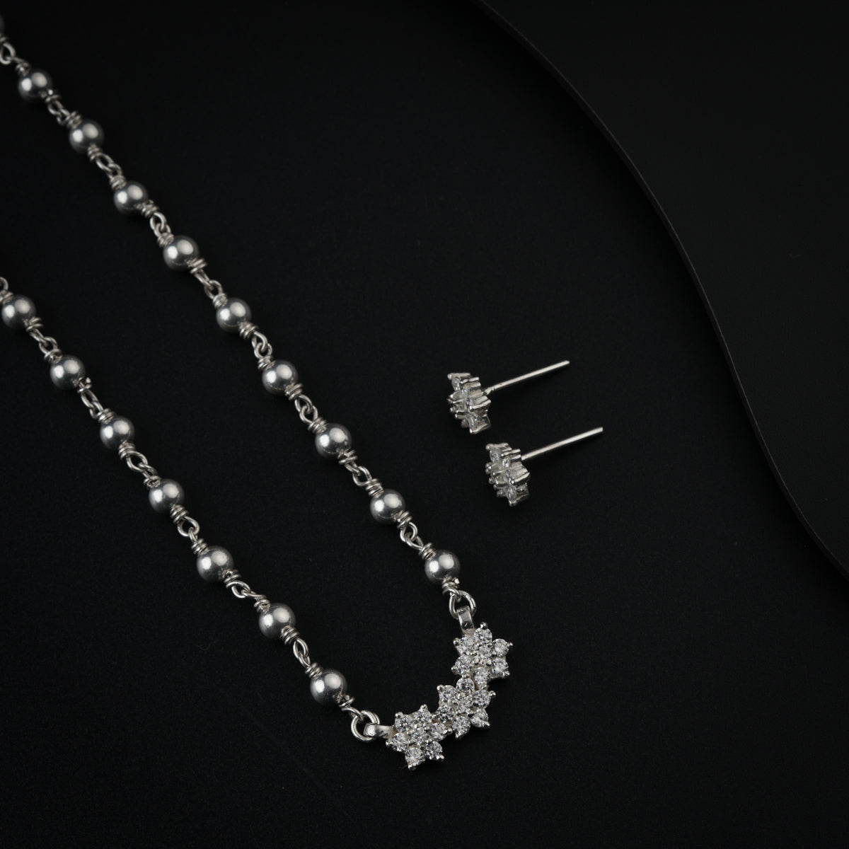 Silver Flower Motif Small Set with Silver Beads | CZ | 92.5 Silver