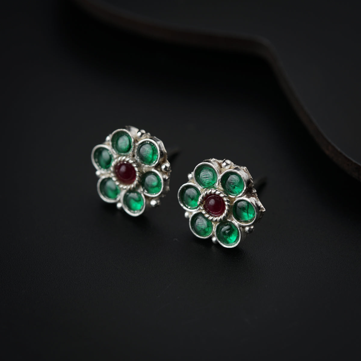 Silver Green Flower Earring