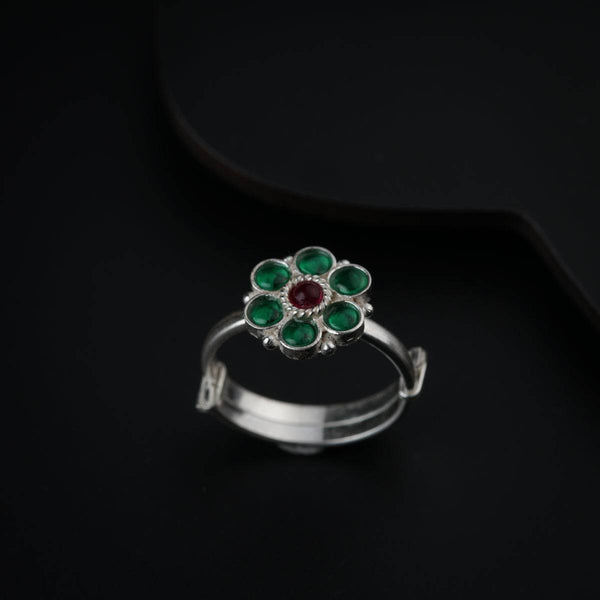 Bageecha Green Flower Ring | 92.5 Silver | Kempu stones