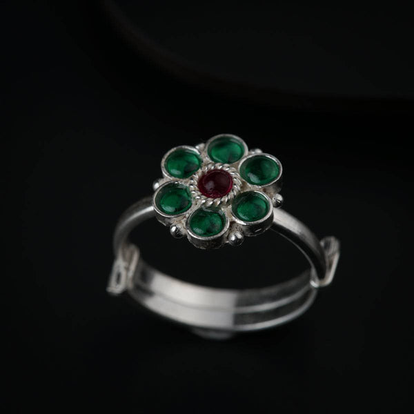 Bageecha Green Flower Ring | 92.5 Silver | Kempu stones