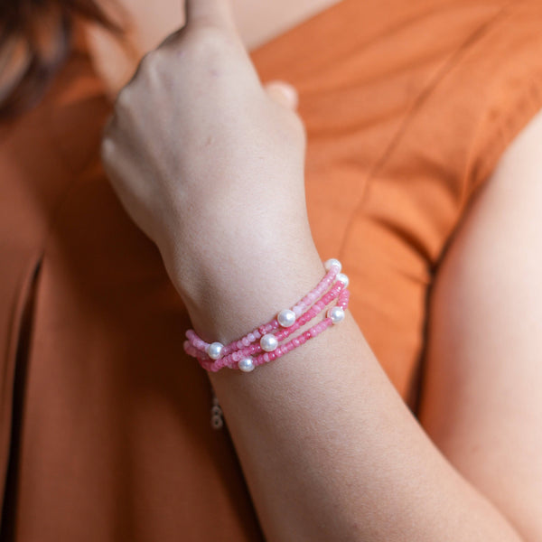 Model wearing Pink Jade & Pearl Silver Bracelet in 92.5 sterling silver for an elegant handcrafted jewellery look
