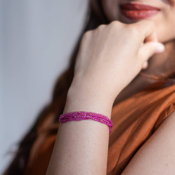 Model wearing Ruby Silver Bracelet in 92.5 sterling silver for an elegant handcrafted jewellery look