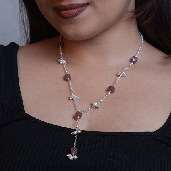 Strawberry Quartz and Pearl Bunch Y Necklace