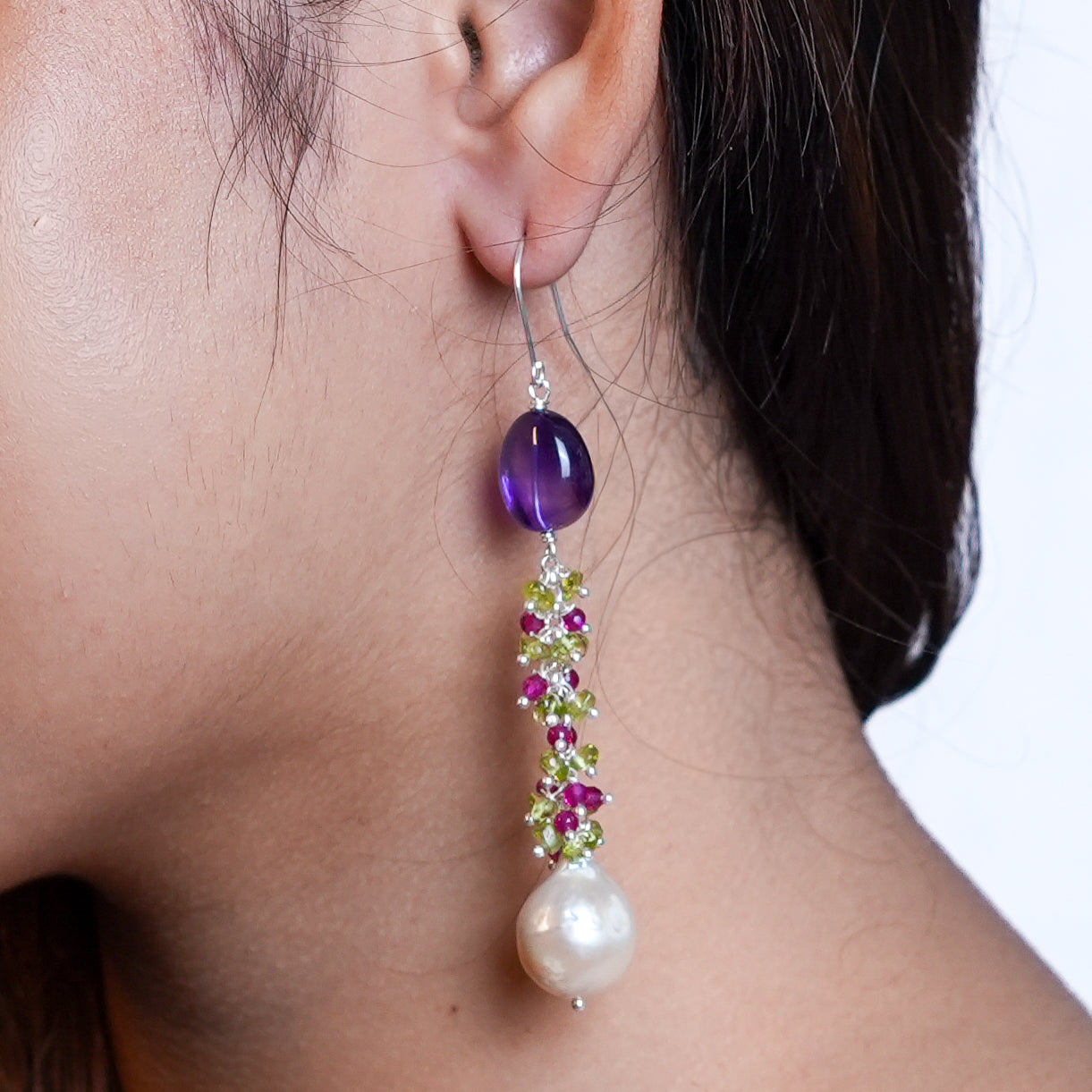 Amethyst, Peridot, Ruby and Baroque Pearl Earrings (Project Handmade)