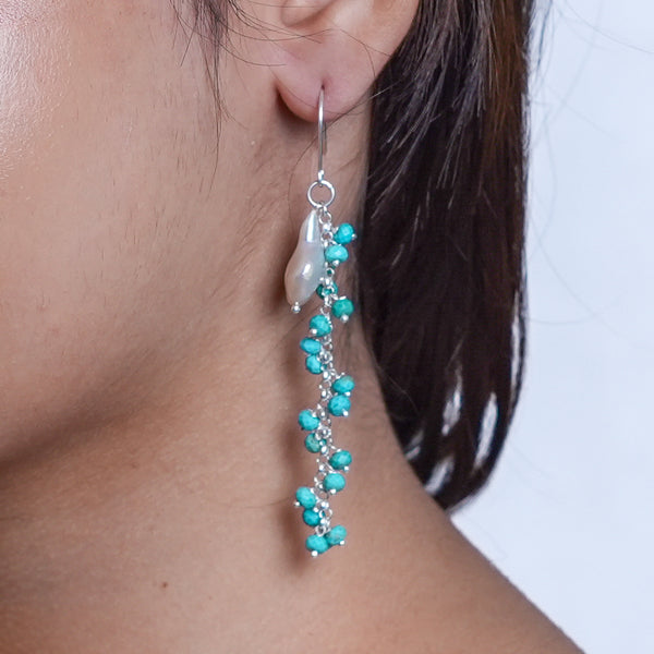 Flat Pearl & Turqouise Vine Earrings (Project Handmade)