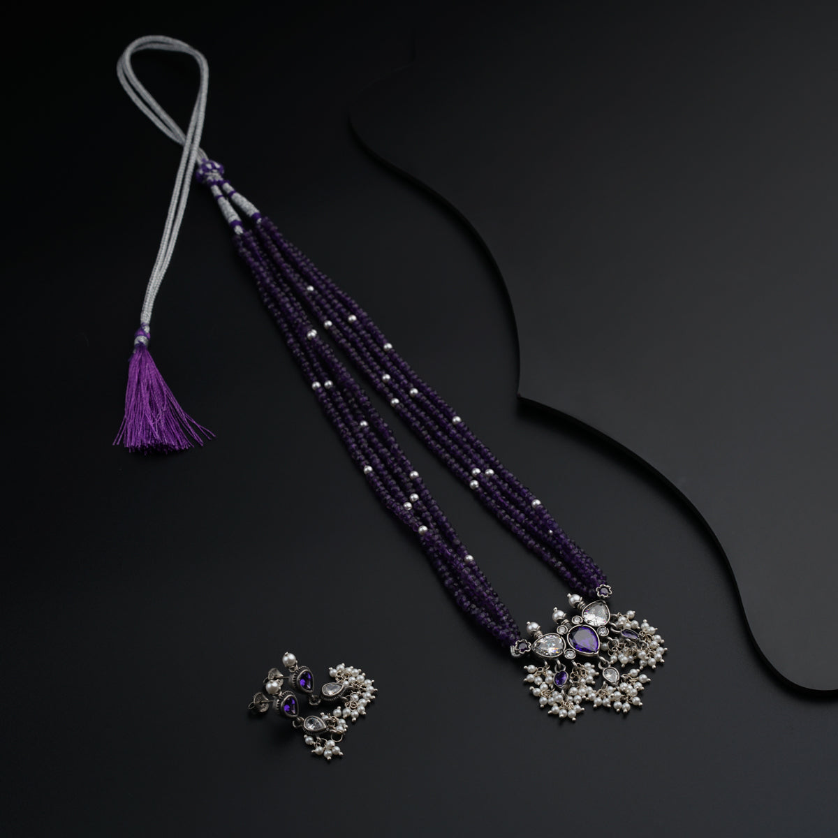 Classic Silver Tanmani Set with Amethyst and High Quality Pearls
