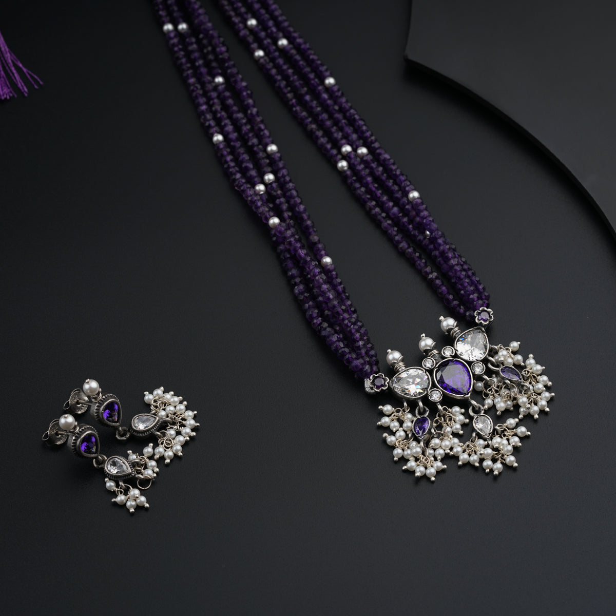 Classic Silver Tanmani Set with Amethyst and High Quality Pearls