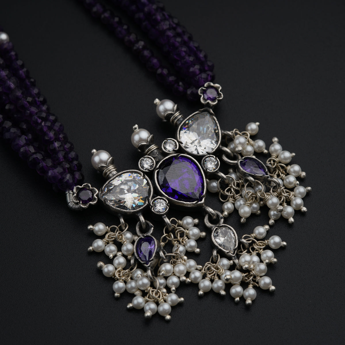 Classic Silver Tanmani Set with Amethyst and High Quality Pearls