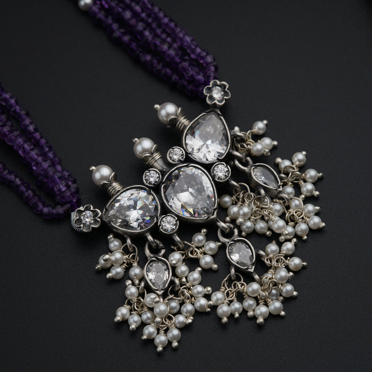 Classic Silver Tanmani Set with Amethyst and High Quality Pearls