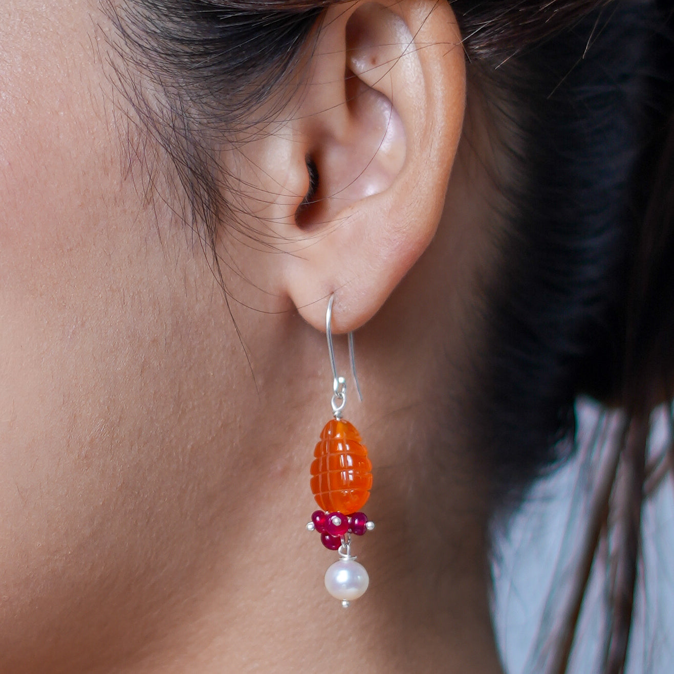 Carnelian Drop, Rubies & Pearl Silver Earrings (Project Handmade)