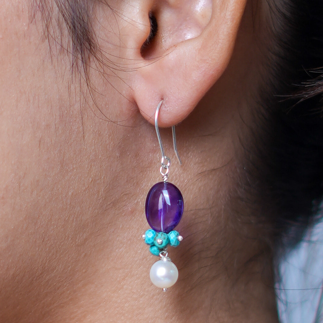Amethyst, Turquoise Bunch & Pearl Silver Earrings (Project Handmade)