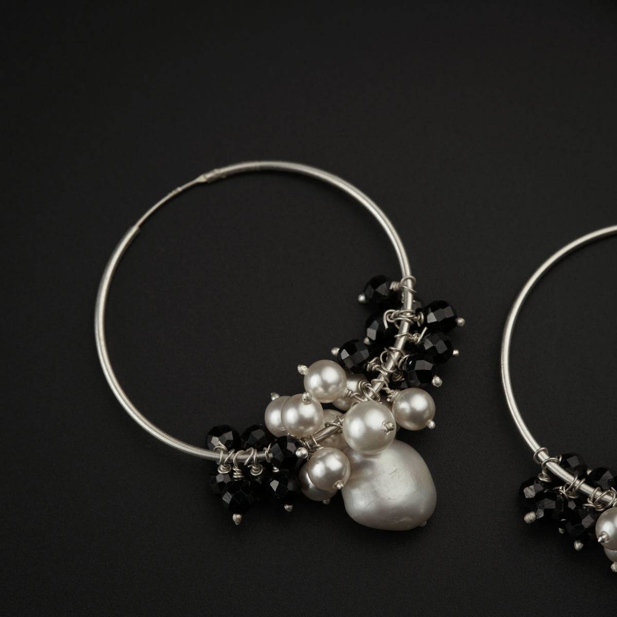 Pearl and Black Spinel Bunch Hoops