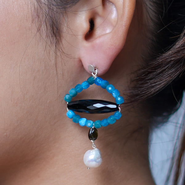 Black Spinel, Blue Jade & Pearl Silver Earrings (Project Handmade)
