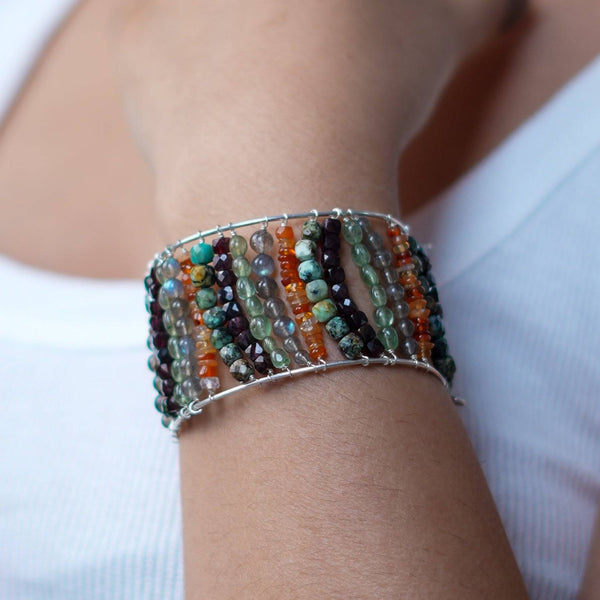 Model wearing Multicolour Semi-Precious Stone Silver Bracelet in 92.5 sterling silver for a vibrant handcrafted jewellery look