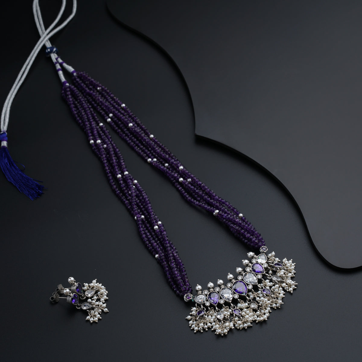 Classic Silver Tanmani Set with Amethyst and High Quality Pearls