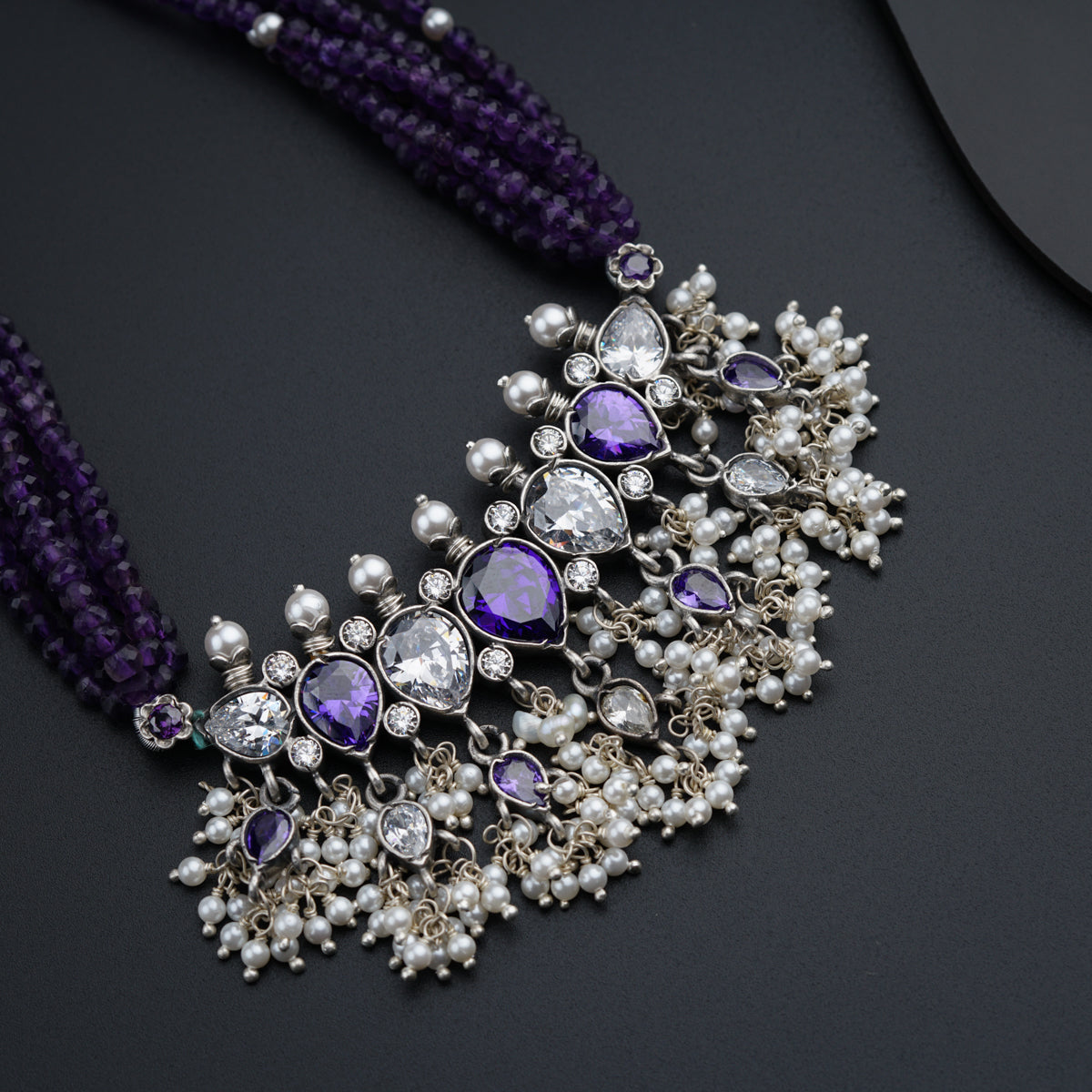 Classic Silver Tanmani Set with Amethyst and High Quality Pearls