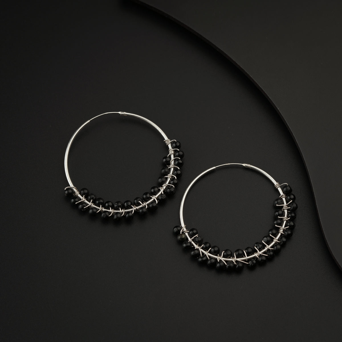 Silver Black Bead Hoops