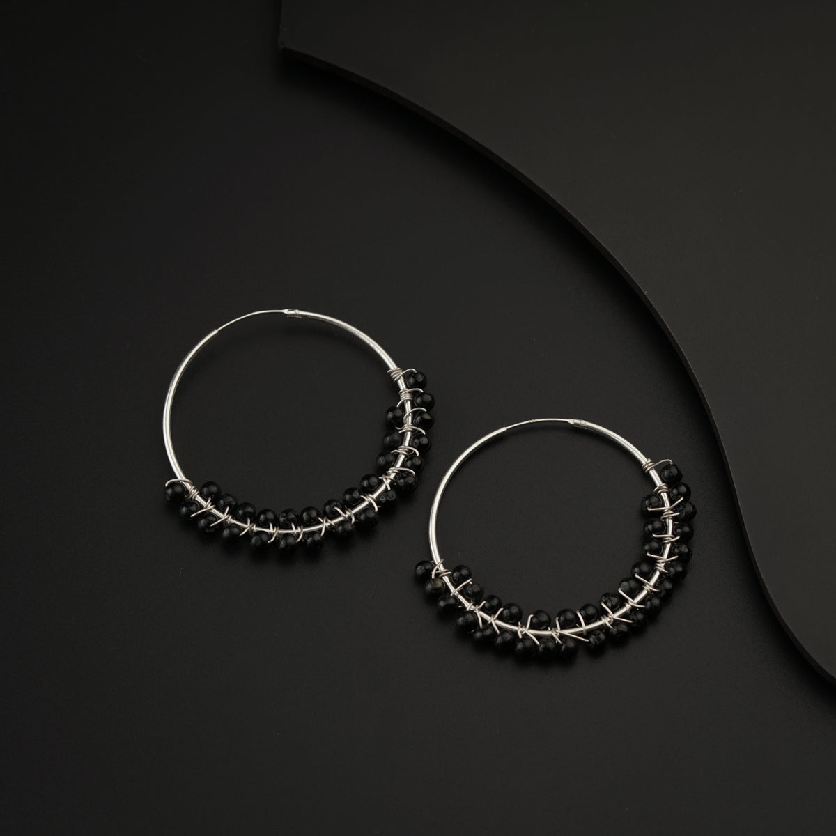 Silver Black Bead Hoops