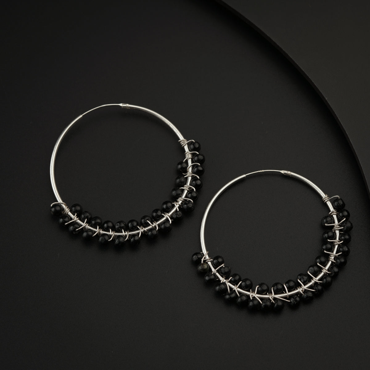 Silver Black Bead Hoops