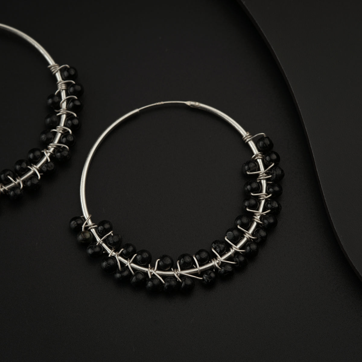 Silver Black Bead Hoops