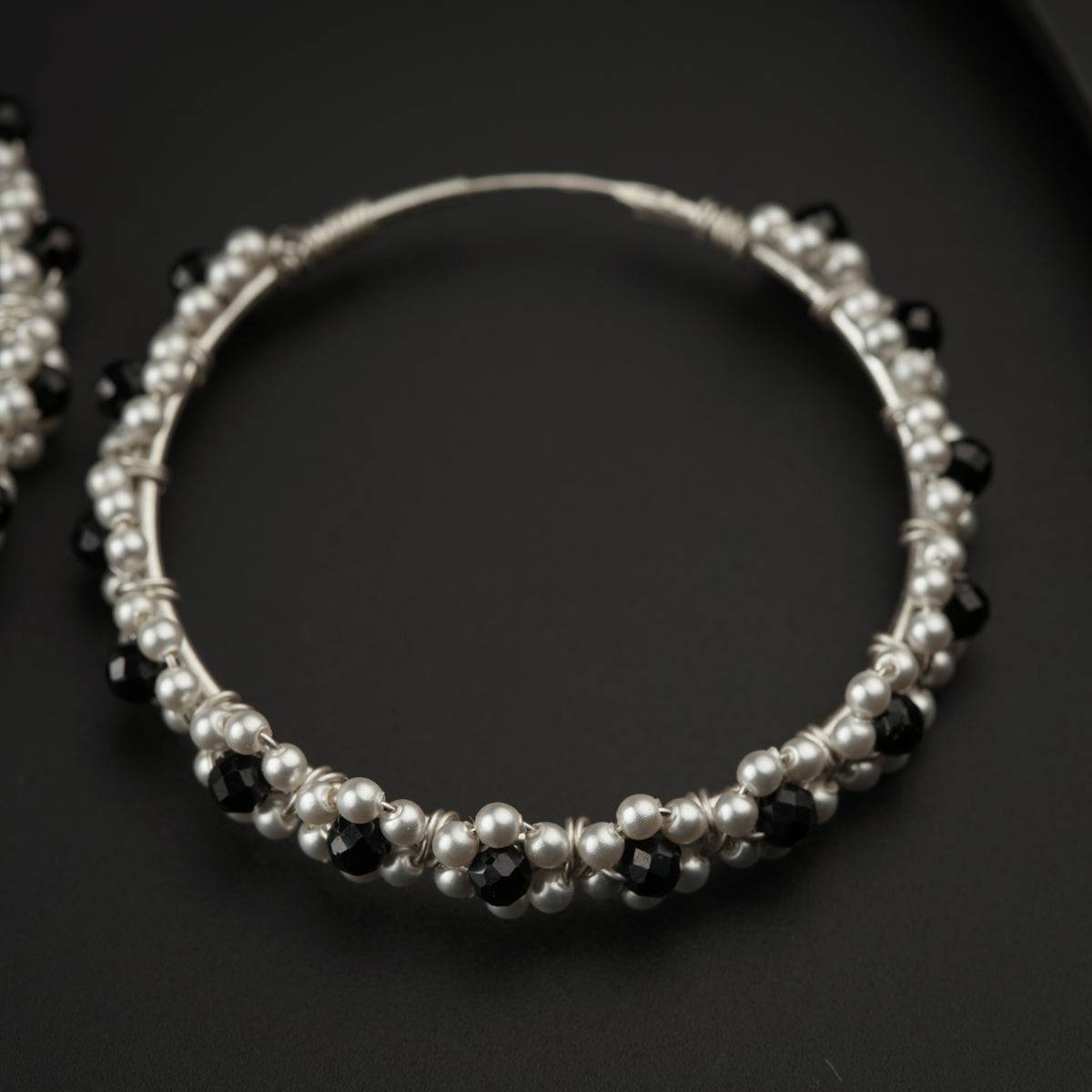 Silver Hoops with Pearls and Black Spinel