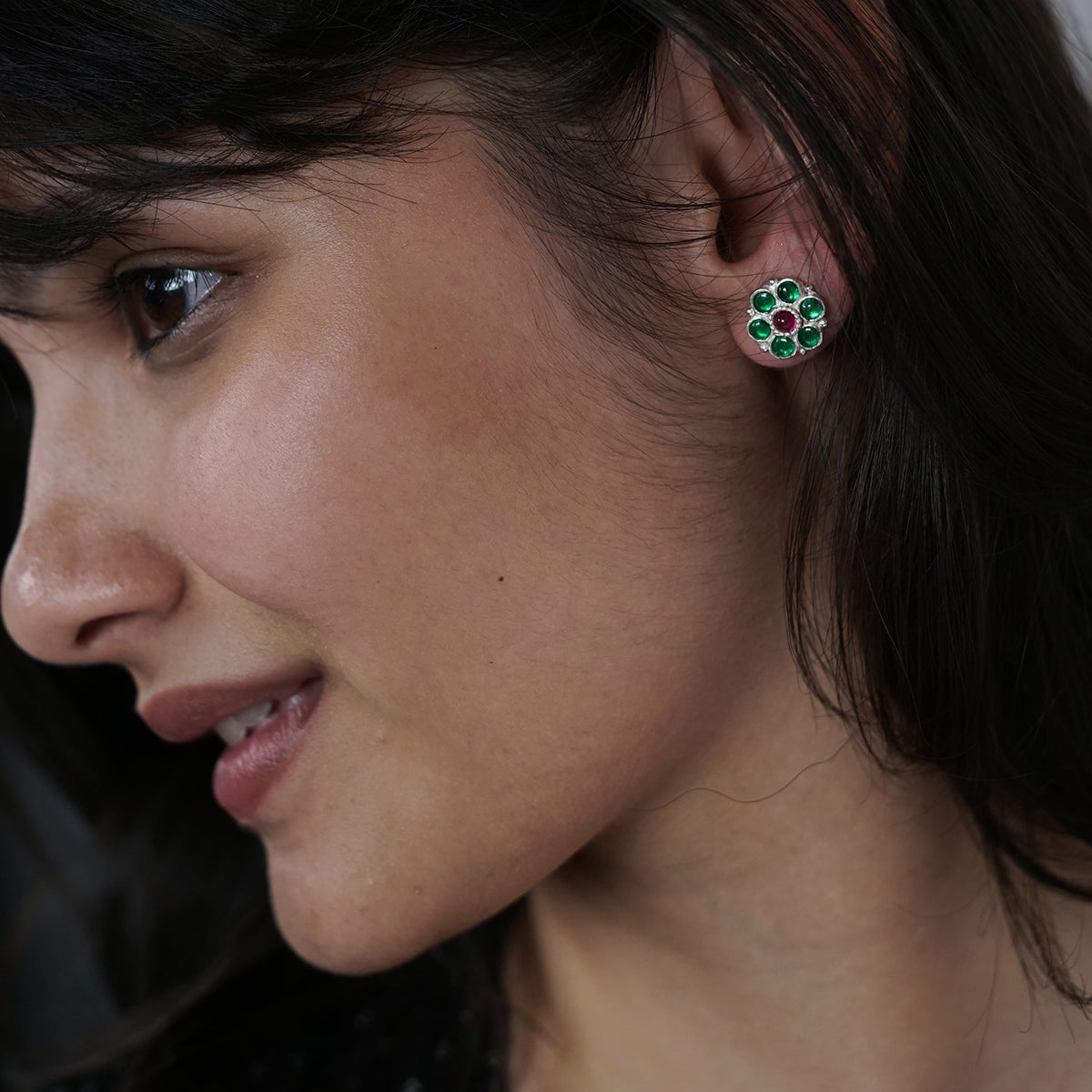 Silver Green Flower Earring