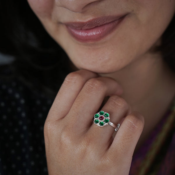 Bageecha Green Flower Ring | 92.5 Silver | Kempu stones
