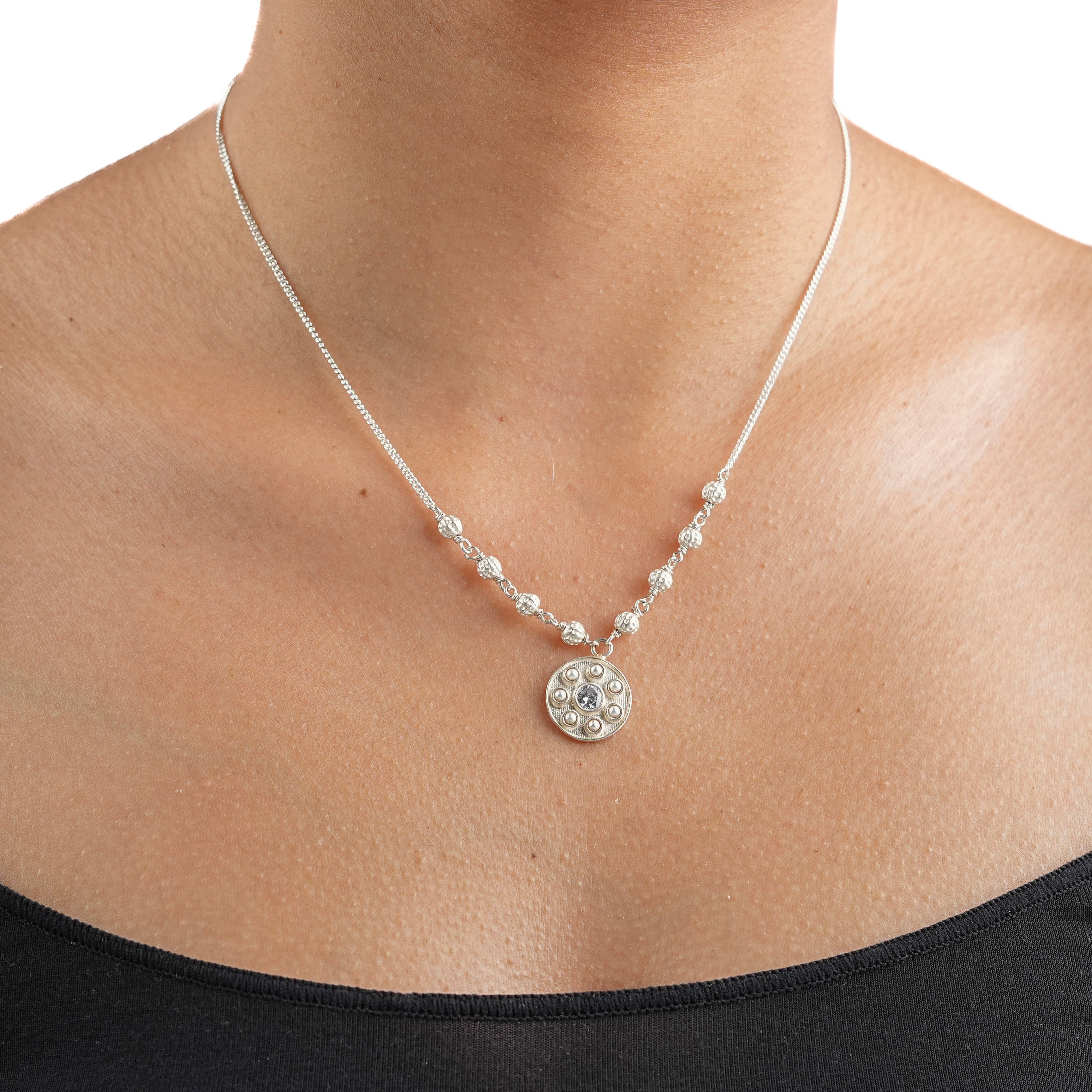 Moha Maya Shiny Silver Beads Necklace with Pearls