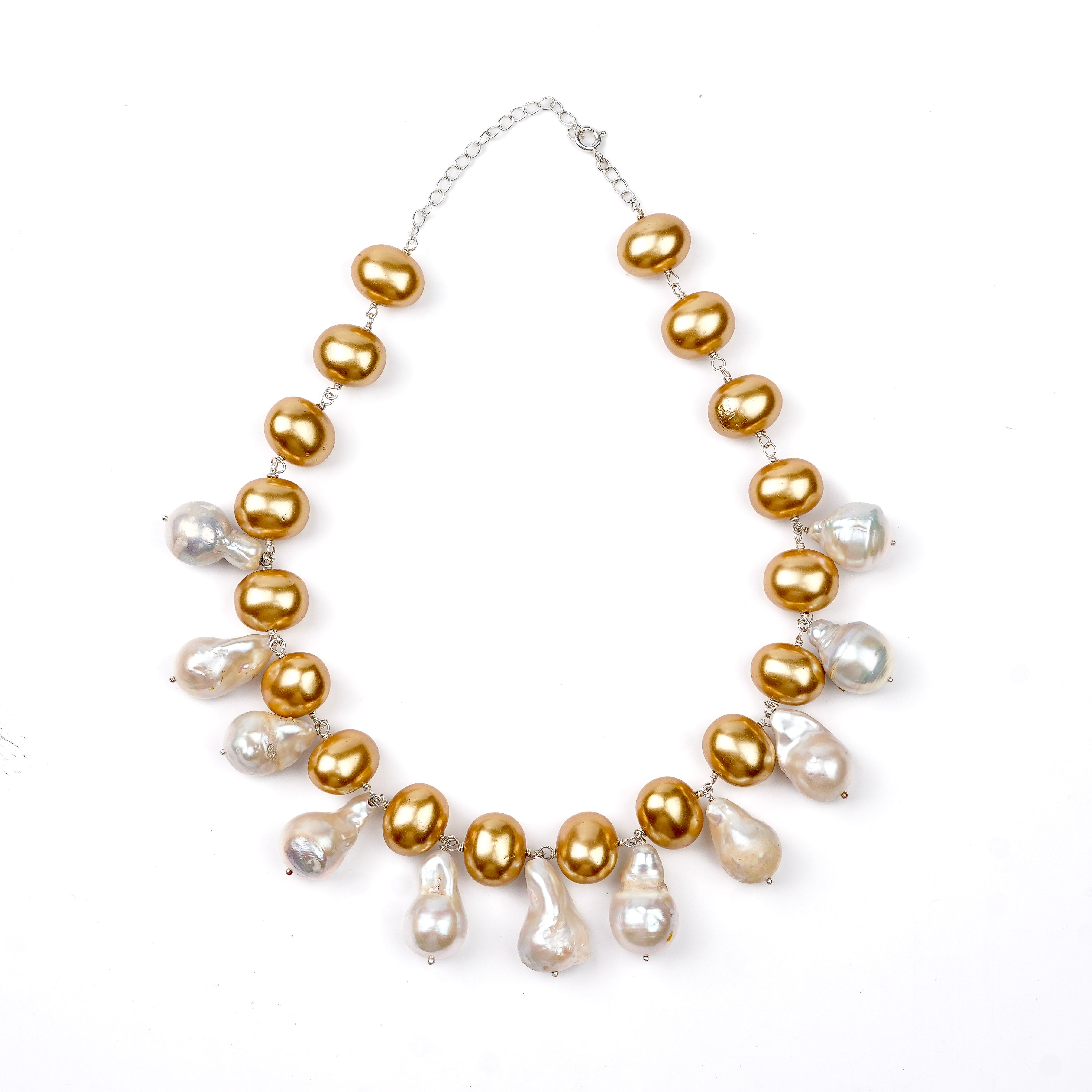 Pearl Flow Necklace with Golden Pearls & Baroque Pearls