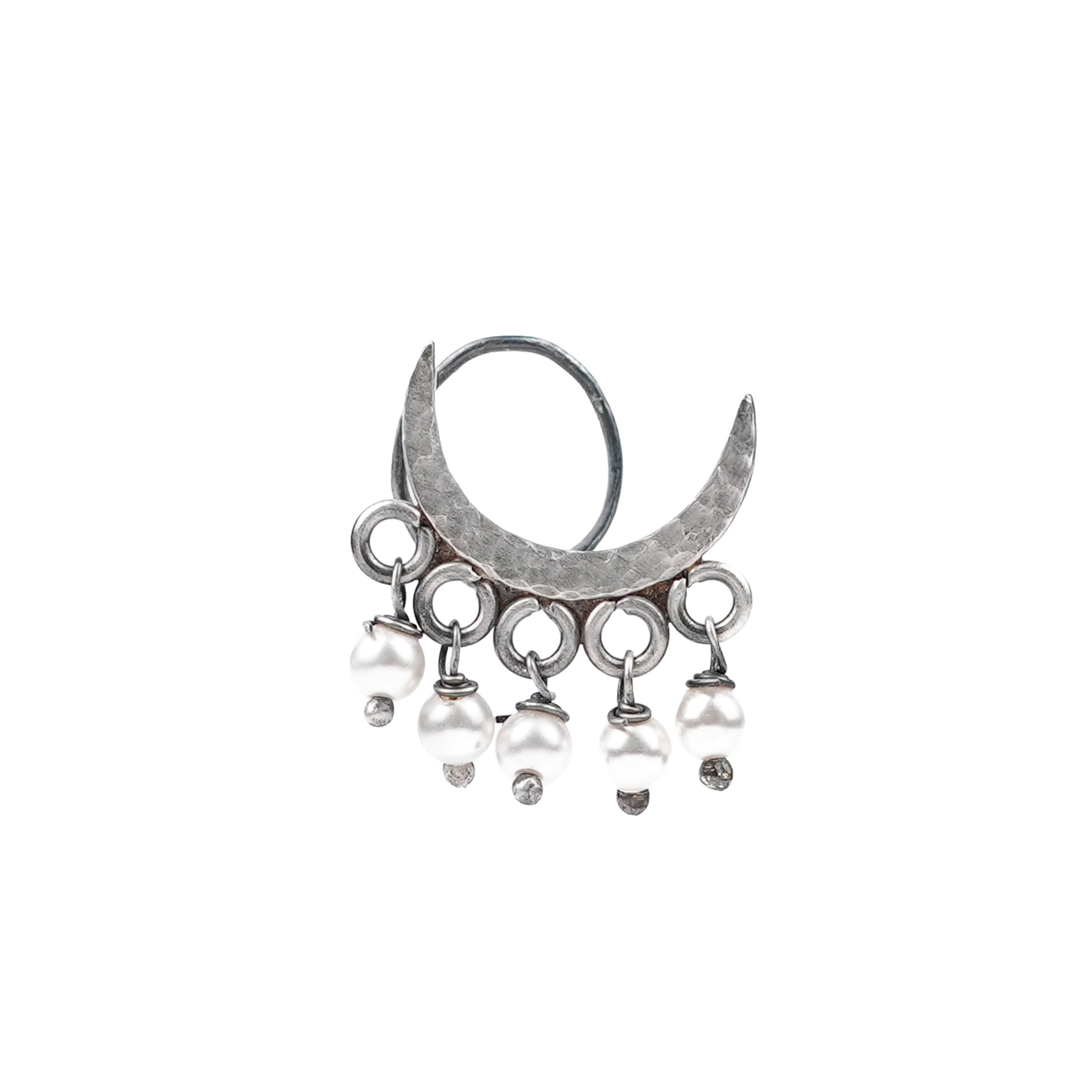 Oxidised hammered silver crescent moon jewelry with dangling pearl charms