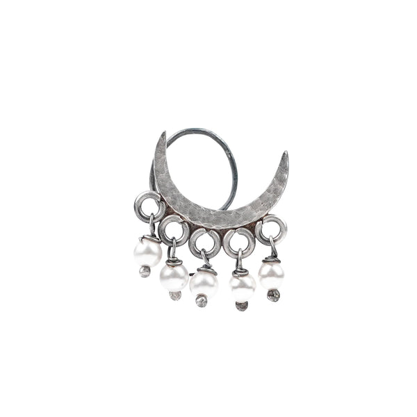 Oxidised hammered silver crescent moon jewelry with dangling pearl charms