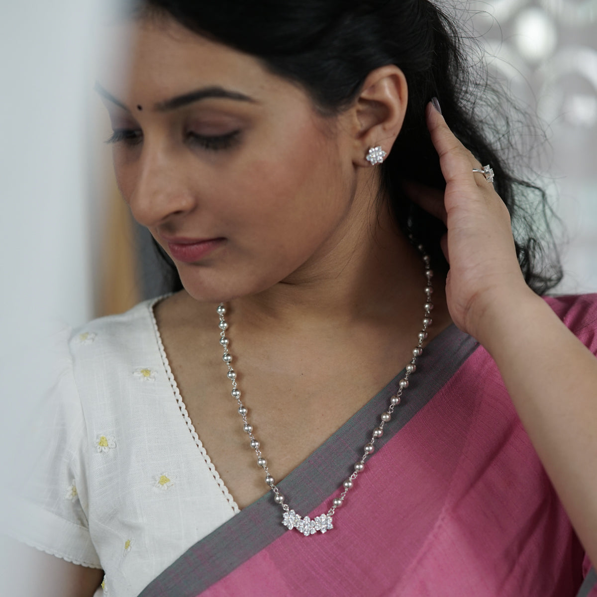 Flower Motif Big Set with Silver Beads | CZ | 92.5 Silver