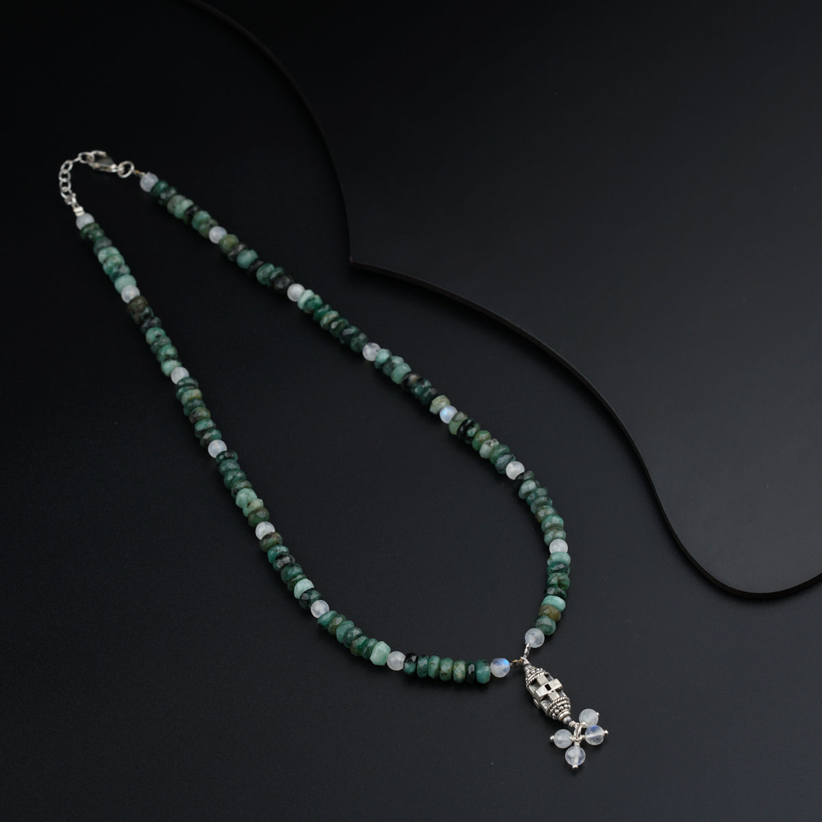 Silver Necklace with Moonstones and Moss Agate