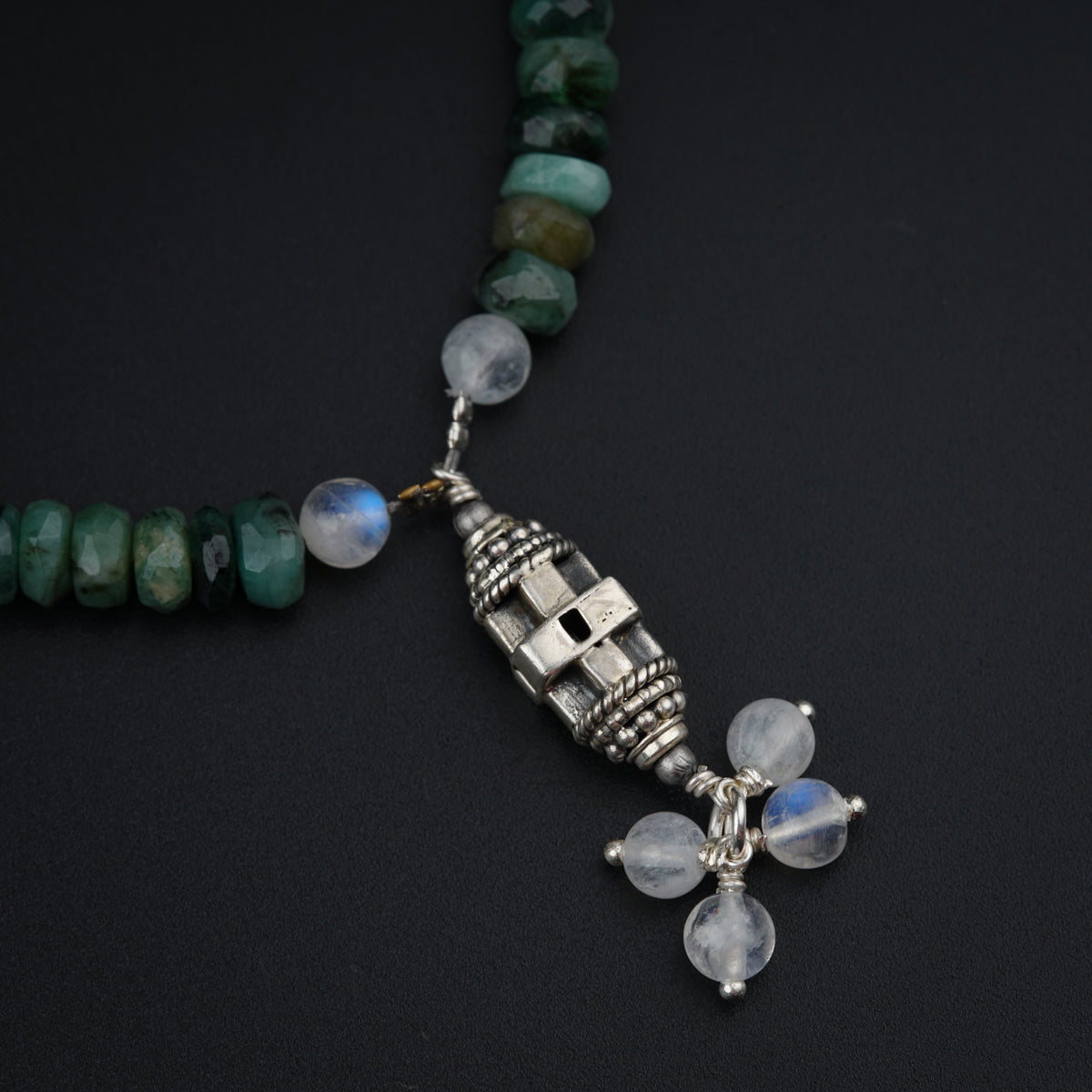 Silver Necklace with Moonstones and Moss Agate