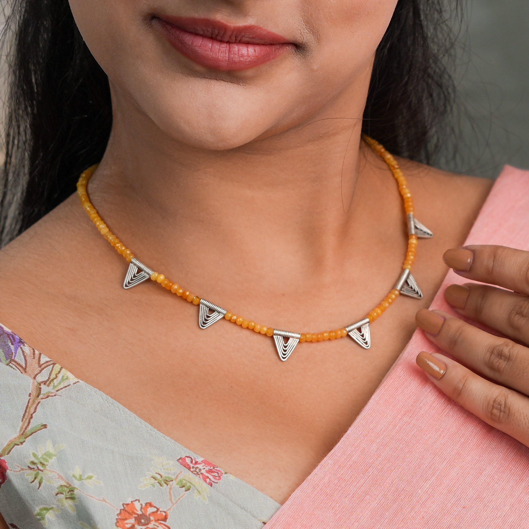 Triangle Charm Necklace with Yellow Jade