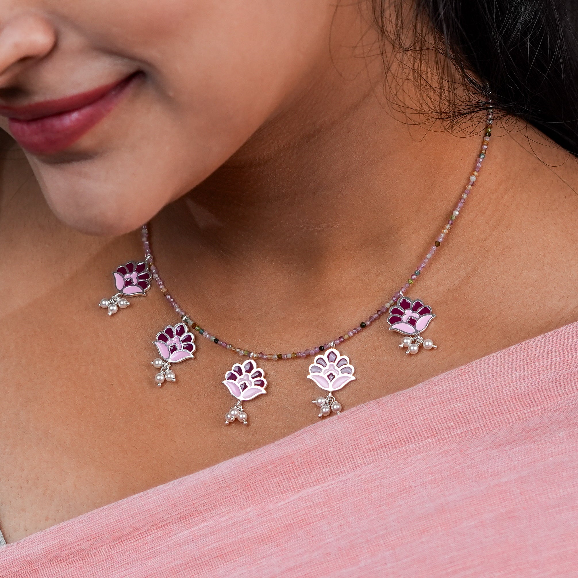 Enamel Charm Necklace with Tourmaline