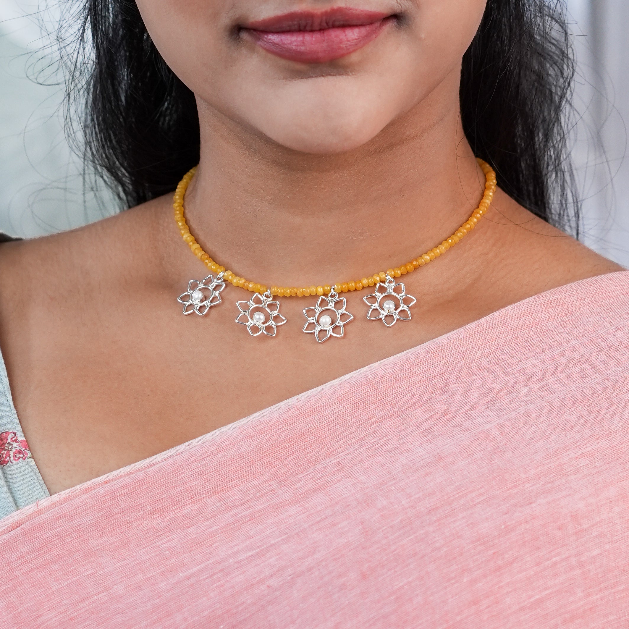 Flower & Pearl Charm Necklace with Yellow Jade