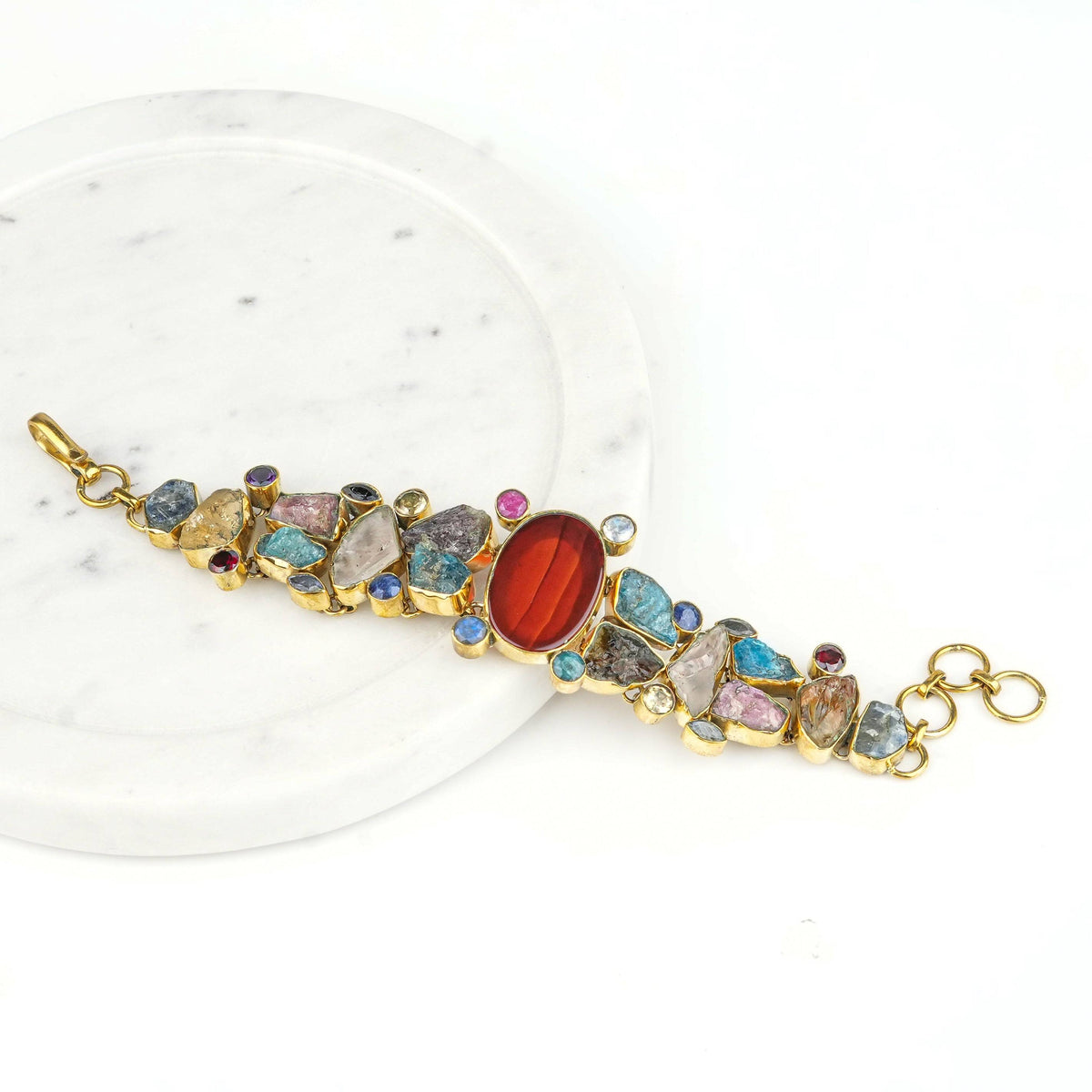 Angled view of Brass Fashion Bracelet highlighting its unique design, structure, and polished brass finish