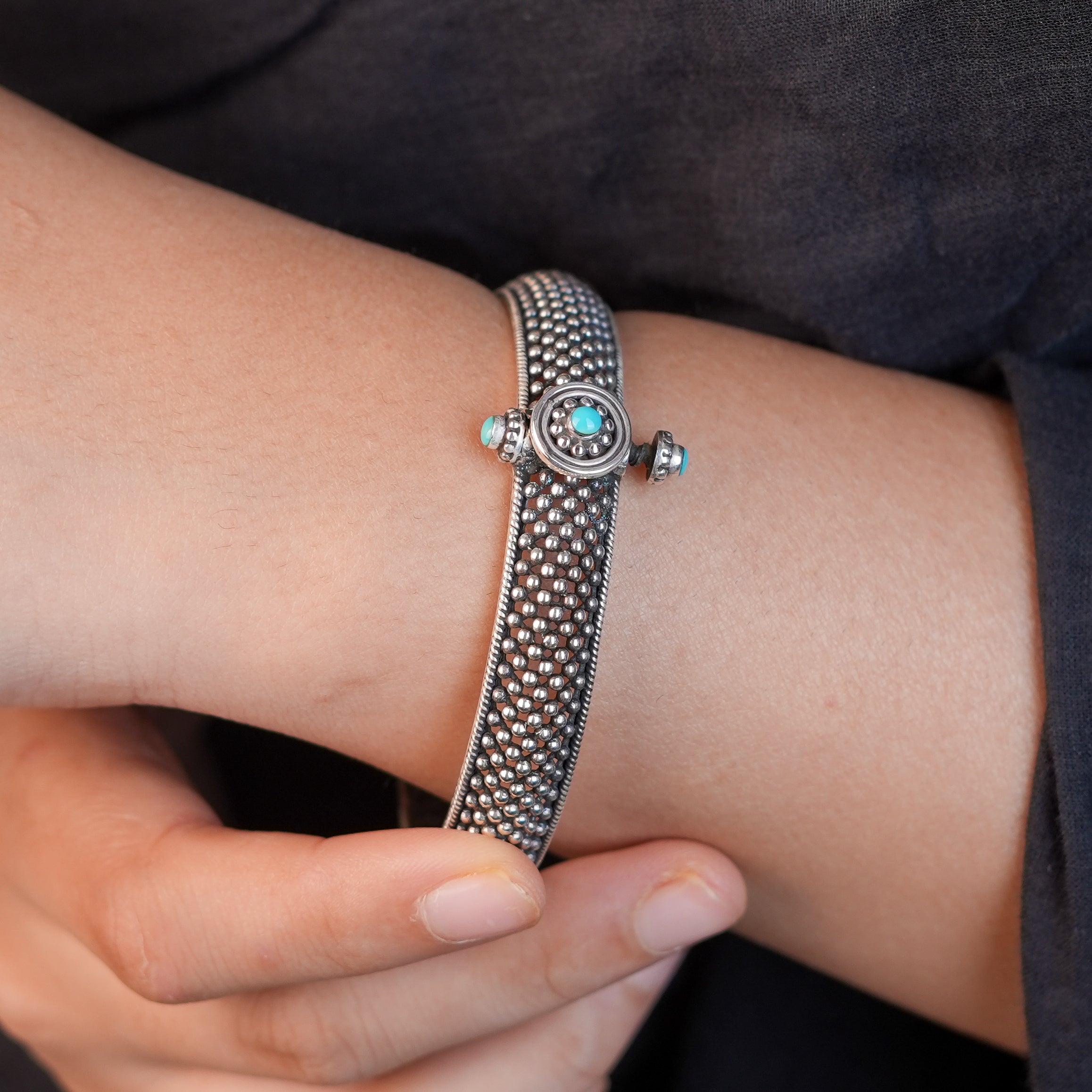 Silver Oxidised Textured Bangle with Blue Stone