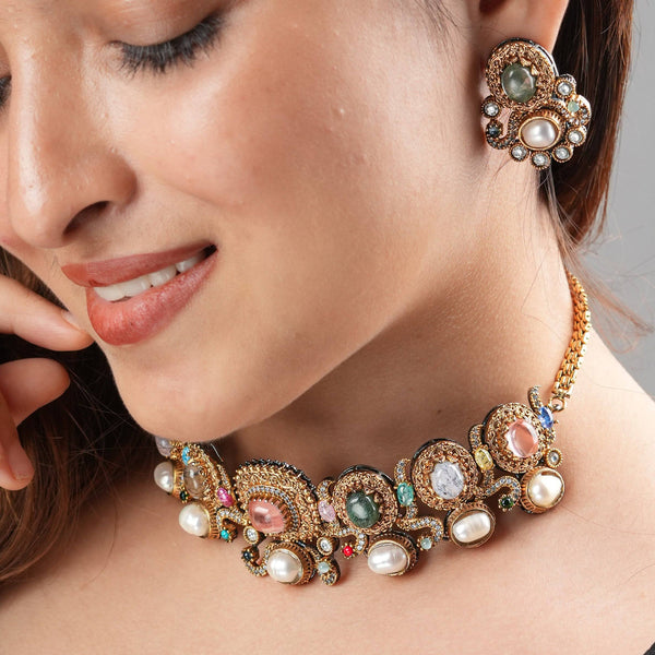 Model wearing 22K Gold Plated Fashion Set for a sophisticated and elegant jewellery look