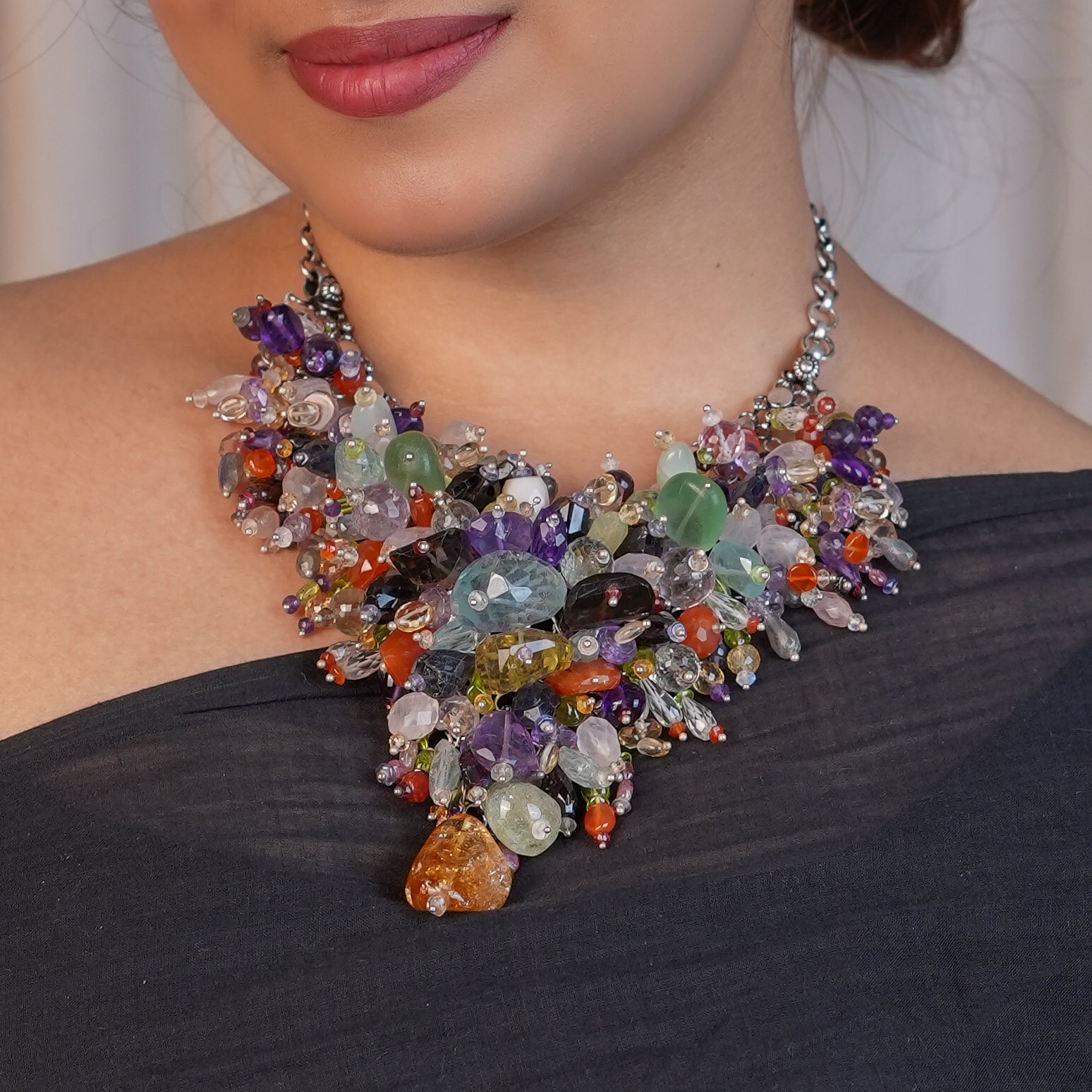 Silver Statement Necklace with Multicolour Stones