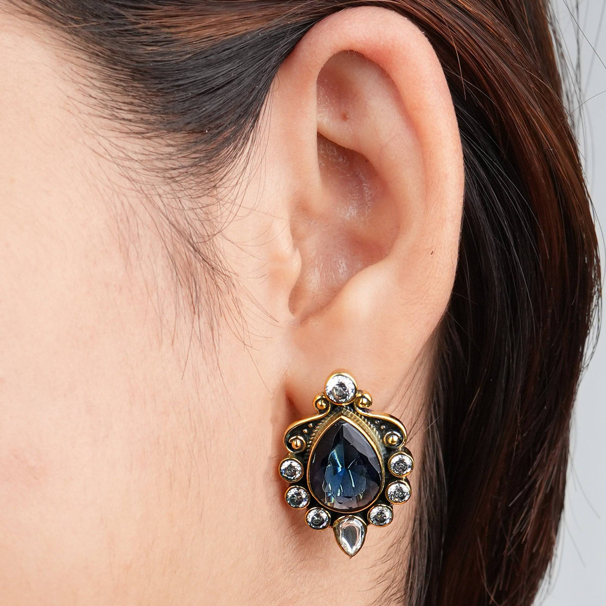Model wearing Brass Fashion Earrings for a stylish and contemporary fashion jewellery look
