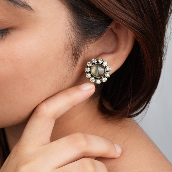 Model wearing Brass Fashion Earrings for a stylish and contemporary fashion jewellery look