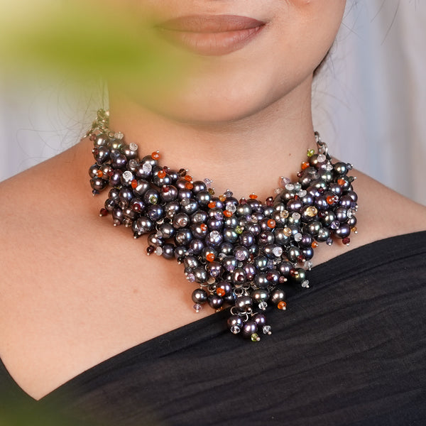 Silver Statement Necklace with Black Baroque Pearls & Semi-Precious Stones