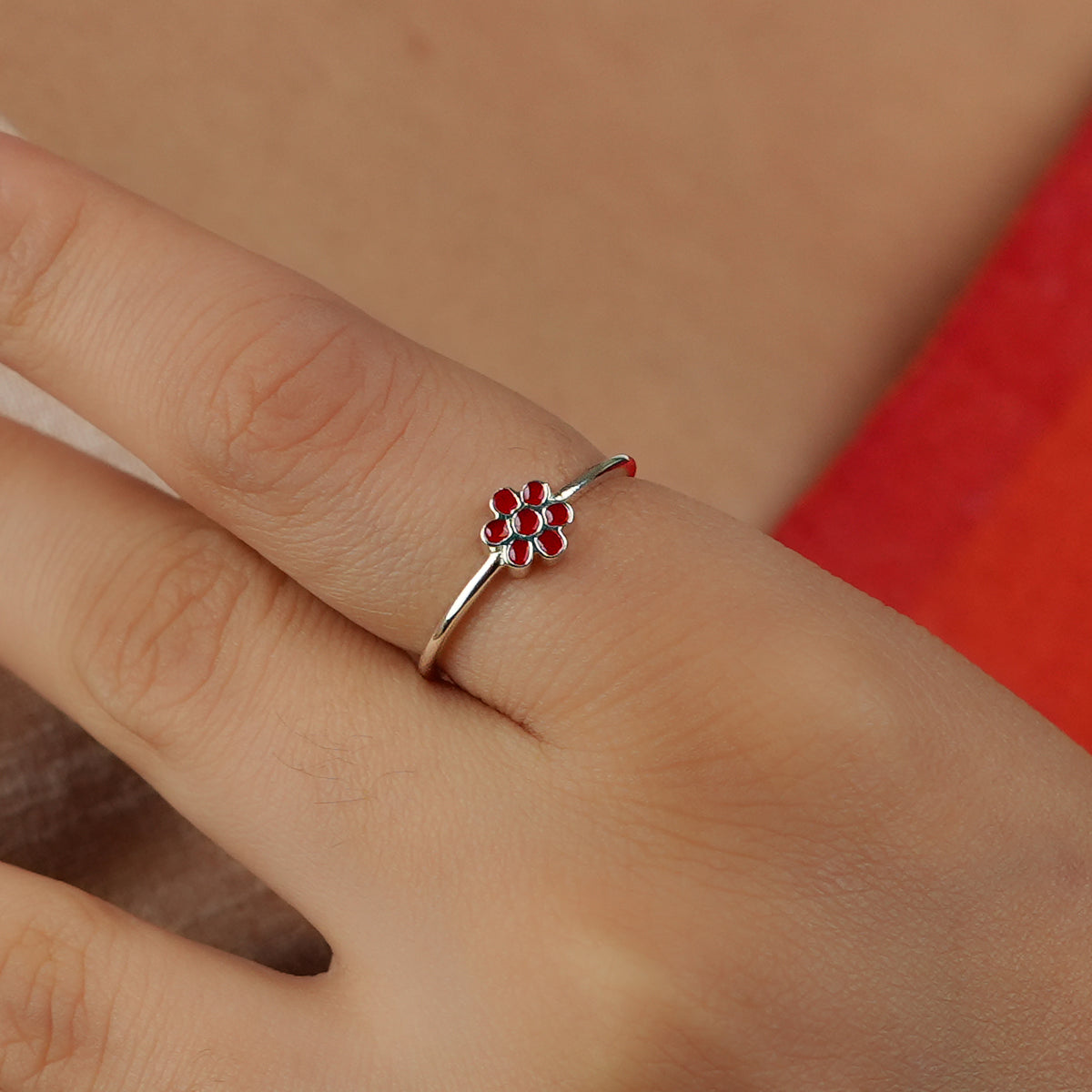 Red Flower Enamel Silver Ring