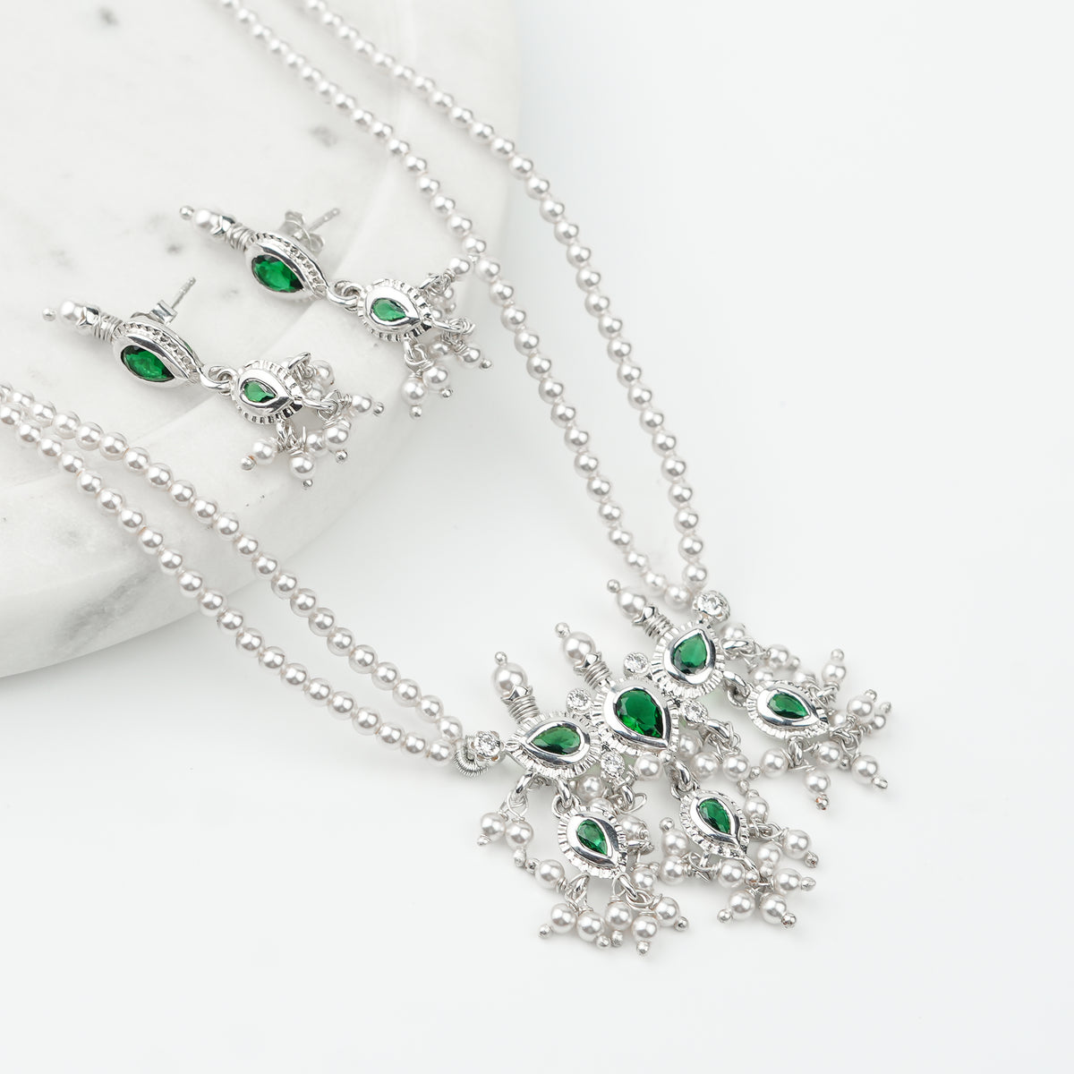 Green CZ Tiny Tanmani Set with Pearls