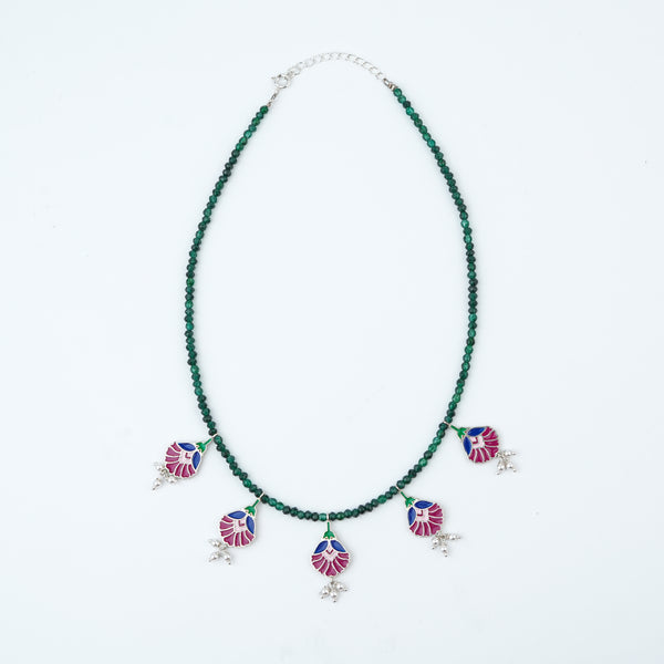 Rose Enamel Flower Charm Necklace with Green Onyx