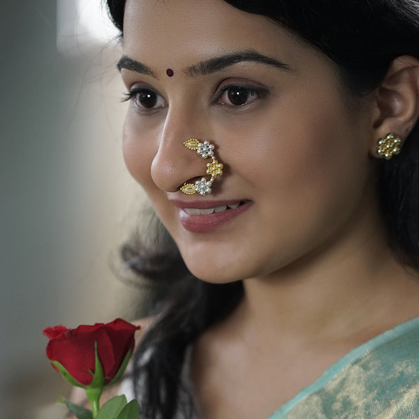 Swarna Rajat Kudi Nath Dual-Tone (Medium) sterling silver nose ring with gold and silver finish, traditional jewelry for women