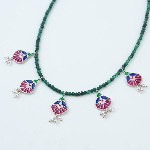 Rose Enamel Flower Charm Necklace with Green Onyx